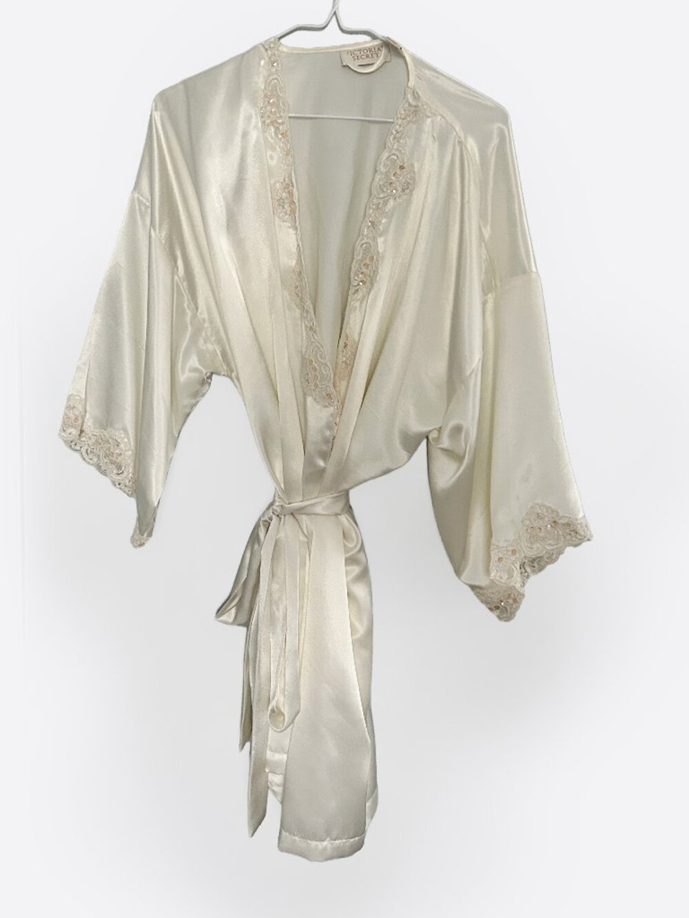 Vintage Victoria’s Secret Ivory Satin Bridal Robe Lace Romantic 90s Lingerie OS